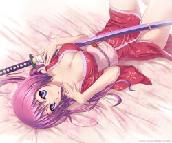 Rule 34 | 1girl, atomix, bare shoulders, bed, blush, breasts, cleavage, collarbone, japanese clothes, katana, kimono, large breasts, long hair, looking at viewer, lying, naomi (atomix), on back, open mouth, original, purple eyes, purple hair, revision, sash, sheath, solo, sword, unsheathing, watermark, weapon