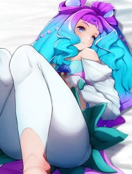 Rule 34 | 1girl, bare shoulders, blue eyes, blue hair, cure la mer, double bun, expressionless, grey background, hair bun, hair intakes, hair ornament, highres, laura (precure), leggings, long hair, looking at viewer, lying, magical girl, multicolored eyes, on back, out of frame, pantyhose, parted lips, precure, purple eyes, purple hair, rikito1087, skirt, solo, toeless legwear, tropical-rouge! precure, white leggings, white pantyhose, white sleeves