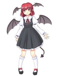 Rule 34 | 1girl, adapted costume, bat wings, black dress, blush, demon girl, demon tail, dress, full body, head wings, isaki (gomi), koakuma, long sleeves, looking at viewer, pointy ears, puffy sleeves, red eyes, red hair, short hair, smile, solo, tail, touhou, white background, wings