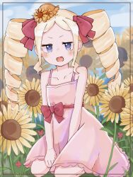 Rule 34 | 1girl, 2021, 20s, bare shoulders, beatrice (re:zero), blonde hair, blue eyes, blush, bow, butterfly-shaped pupils, child, collarbone, day, dress, drill hair, female focus, flower, full body, hair bow, hair ornament, hat, highres, kneeling, long hair, looking at viewer, mini hat, mugi062, open mouth, outdoors, pink dress, re:zero kara hajimeru isekai seikatsu, sky, solo, sunflower, symbol-shaped pupils, twin drills, unusual pupils