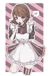 Rule 34 | 1girl, apron, black background, black dress, black thighhighs, border, breasts, brown eyes, brown hair, candy, chako (p4amg1208), chocolate, chocolate heart, collared dress, commentary request, cropped legs, dress, earrings, eyelashes, food, frilled apron, frilled dress, frills, hair ornament, hand up, heart, highres, jewelry, looking at viewer, maid, maid apron, medium breasts, medium hair, mouth hold, neck ribbon, persona, persona 3, pink background, pink dress, pink ribbon, pink thighhighs, puffy short sleeves, puffy sleeves, ribbon, short sleeves, single thighhigh, solo, spoken heart, striped background, striped clothes, striped thighhighs, swept bangs, takeba yukari, thighhighs, two-tone dress, white apron, white border, x hair ornament