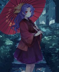 Rule 34 | 1girl, absurdres, bush, closed mouth, commentary request, commission, dark, feet out of frame, hair intakes, hair ribbon, half updo, hands up, highres, holding, holding umbrella, japanese clothes, kimono, komakusa sannyo, light smile, long hair, long sleeves, looking at viewer, medium skirt, oil-paper umbrella, oito (bowstringsmall), open clothes, open kimono, outdoors, parted bangs, ponytail, puddle, purple hair, purple skirt, rain, red eyes, red kimono, ribbon, sidelocks, skeb commission, skirt, solo, stairs, stone stairs, touhou, tree, umbrella, wide sleeves, yellow ribbon