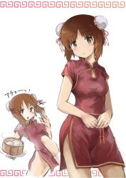 Rule 34 | 1girl, absurdres, baozi, blush, brown eyes, brown hair, bun cover, china dress, chinese clothes, commentary, cowboy shot, double bun, dress, ennui orz, fighting stance, food, frown, girls und panzer, hair bun, head tilt, high collar, highres, holding, holding plate, leg up, light blush, looking at viewer, multiple views, nishizumi miho, open mouth, plate, red dress, short hair, short sleeves, side slit, standing, steam, white background