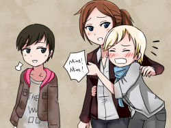 Rule 34 | 3girls, :d, ^ ^, black eyes, blonde hair, blue eyes, blue scarf, grabbing another&#039;s breast, brown background, brown hair, buttons, claire redfield, closed eyes, collarbone, collared shirt, cowboy shot, demonfencer, english text, grabbing, in-franchise crossover, jacket, moira burton, multiple girls, open mouth, ponytail, resident evil, resident evil: revelations 2, resident evil 2, resident evil 6, scarf, sherry birkin, shirt, short hair, sidelocks, simple background, sleeves past elbows, smile, teeth, white shirt, yuri