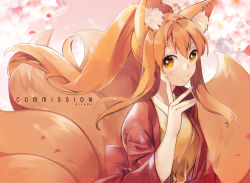 Rule 34 | 1girl, animal ear fluff, animal ears, artist name, brown eyes, brown hair, commentary, commission, copyright request, fox ears, fox tail, hair between eyes, jacket, japanese clothes, kimono, long hair, looking at viewer, multiple tails, red jacket, rirene rn, smile, solo, tail, upper body, yellow kimono
