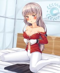 Rule 34 | 1girl, absurdres, adjusting clothes, belt, blush, breasts, cleavage, dressing, fate/grand order, fate (series), florence nightingale (fate), gloves, highres, kitsunerider, large breasts, long hair, looking at viewer, military, military uniform, navel, no bra, on bed, pantyhose, pink hair, red eyes, sitting, skirt, solo, sweat, uniform, wariza, white gloves, white pantyhose