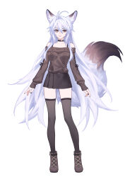 1girl :d absurdres animal_ears antenna_hair bare_shoulders black_choker black_shoes black_skirt black_sweater black_thighhighs choker full_body highres large_tail long_hair long_sleeves looking_at_viewer luo_shun_yao meng_xi_xuan miniskirt off-shoulder_sweater off_shoulder open_mouth original purple_eyes shoes simple_background skirt smile solo standing sweater tail thighhighs very_long_hair white_background white_hair