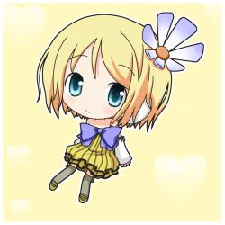Rule 34 | 1girl, alternate costume, aqua eyes, blonde hair, blue eyes, blush, bow, chibi, colorful x melody (vocaloid), detached sleeves, dress, flower, kagamine rin, minami (colorful palette), project diva, project diva (series), project diva 2nd, skirt, smile, solo, strapless, strapless dress, thighhighs, vocaloid, zettai ryouiki