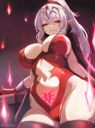 Rule 34 | 1girl, alternate color, alternate costume, alternate hair color, black cape, black thighhighs, breasts, cape, clothing cutout, corruption, dark persona, evil smile, eyes of grima, fire emblem, fire emblem awakening, glowing, glowing tattoo, grey hair, grima (fire emblem), highres, intelligent systems, large breasts, leonmandala, leotard, long hair, looking at viewer, mark of grima, navel, nintendo, parted lips, pointy ears, ponytail, possessed, possession, pubic tattoo, red eyes, red leotard, smile, solo, stomach cutout, tattoo, thick thighs, thighhighs, thighs, tiara, tiki (adult) (fire emblem), tiki (fire emblem)