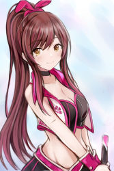 Rule 34 | 1girl, alternate hairstyle, bare shoulders, black choker, blush, breasts, choker, cleavage, closed mouth, collarbone, crop top, cropped jacket, hair ribbon, high ponytail, idolmaster, idolmaster shiny colors, long hair, looking at viewer, medium breasts, midriff, nannacy7, osaki amana, ponytail, race queen, red hair, ribbon, smile, solo, standing, swept bangs, yellow eyes
