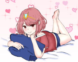 1girl bed blush casual gem hair_ornament headpiece heart highres looking_at_viewer mxsoundtube nintendo pyra_(xenoblade) red_hair shirt short_hair shorts shy smile solo swept_bangs tiara valentine xenoblade_chronicles_(series) xenoblade_chronicles_2