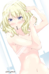 Rule 34 | 1girl, adjusting hair, arms up, blonde hair, blue eyes, blush, breasts, closed mouth, collarbone, colorado (kancolle), commentary request, hair between eyes, hair tie, hair tie in mouth, kantai collection, large breasts, looking at viewer, mikage takashi, mouth hold, navel, nude, short hair, smile, solo, tying hair