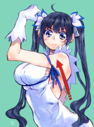 10s 1girl bare_shoulders black_hair blue_eyes blush breasts cleavage cleavage_cutout clothing_cutout dress dungeon_ni_deai_wo_motomeru_no_wa_machigatteiru_darou_ka female_focus gloves hair_ribbon hestia_(danmachi) large_breasts long_hair looking_at_viewer rei_no_himo ribbon simple_background solo takanashi_ringo tears twintails white_dress white_gloves