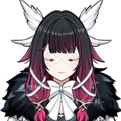 Rule 34 | 1girl, black hair, blunt bangs, chinese commentary, chishahaone (吃啥好呢), closed eyes, coat, columbina (genshin impact), commentary request, eye mask, fur-trimmed coat, fur trim, genshin impact, hair wings, highres, long hair, multicolored hair, pink hair, smile, solo, white coat, white mask, wing hair ornament