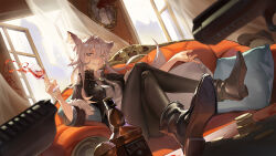 Rule 34 | 1girl, alcohol, animal ear fluff, animal ears, arknights, black footwear, black jacket, black pantyhose, blurry, blurry foreground, bottle, breasts, building, collared shirt, commentary request, couch, crossed legs, cup, curtains, day, depth of field, dress shirt, drinking glass, eyebrows hidden by hair, grey eyes, grey hair, grin, hair between eyes, holding, holding cup, indoors, jacket, lappland (arknights), looking at viewer, on couch, open clothes, open jacket, open window, pantyhose, pillow, shirt, shoe soles, shoes, small breasts, smile, solo, transparent, twigy (2416427243), white shirt, window, wine, wine glass