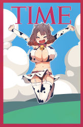 Rule 34 | 1girl, animal ears, animal print, bell, neck bell, belt, bikini, bikini top only, blush, border, breasts, brown hair, bural chingu, cleavage, cloud, collar, cover, cow girl, cow print, ear tag, english text, extra ears, fake cover, full body, garter belt, garter straps, ham na-bi, highres, huge breasts, jumping, luke (dydansgur), magazine cover, midriff, miniskirt, navel, open mouth, original, outdoors, outline, panties, pantyshot, red border, school uniform, short twintails, skirt, sky, smile, solo, swimsuit, thighhighs, time (magazine), twintails, underwear