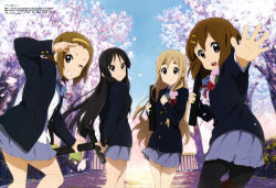 Rule 34 | 4girls, ;), absurdres, akiyama mio, arm up, bare legs, black eyes, black legwear, blazer, blonde hair, blue eyes, blue skirt, blurry, blush, breasts, brown eyes, brown hair, buttons, cherry blossoms, cloud, day, depth of field, diploma, eyebrows, flower, foreshortening, gate, graduation, grin, hair ornament, hairband, hairclip, hand on own chest, happy, highres, hirasawa yui, holding, jacket, k-on!, kotobuki tsumugi, leg lift, light smile, long hair, long sleeves, looking at viewer, looking back, megami magazine, miniskirt, multiple girls, neck ribbon, non-web source, official art, ogawa taichi, one eye closed, open clothes, open jacket, outdoors, outstretched arm, own hands together, pantyhose, parted bangs, petals, pleated skirt, ribbon, road, salute, scan, school uniform, shirt, shoes, short hair, sidelocks, skirt, sky, small breasts, smile, standing, sunset, tainaka ritsu, thick eyebrows, tree, very long hair, waving, white shirt, wink