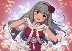 Rule 34 | 1girl, :d, annindoufu (oicon), blunt bangs, blush, choker, dress, female focus, flower, frilled dress, frills, gloves, grey hair, hair flower, hair ornament, hairband, hands on own chest, head tilt, highres, idolmaster, idolmaster (classic), long hair, looking at viewer, open mouth, red eyes, red flower, red rose, rose, shijou takane, smile, solo, strapless, strapless dress, uniform, wallpaper, white gloves