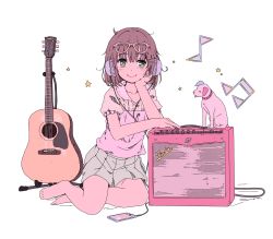 Rule 34 | 1girl,  qria, acoustic guitar, amplifier, animal, artlounge, bad id, bad pixiv id, barefoot, beamed quavers, blush, brown hair, head rest, closed mouth, collar, collarbone, dog, eyewear on head, full body, green eyes, grey skirt, guitar, hair ornament, hairclip, headphones, highres, instrument, messy hair, musical note, original, pink shirt, pleated skirt, puffy short sleeves, puffy sleeves, quaver, shirt, short sleeves, simple background, sitting, skirt, smile, star (symbol), tongue, tongue out, white background