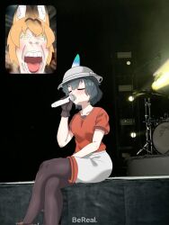 Rule 34 | 2girls, abrams (0abrams0), animal ears, black hair, blonde hair, blush, concert, drum, drum set, fan screaming at madison beer (meme), gloves, hat, hat feather, helmet, highres, holding, holding microphone, inset, instrument, kaban (kemono friends), kemono friends, meme, microphone, multiple girls, music, open mouth, photo background, pith helmet, red shirt, screaming, serval (kemono friends), serval print, shirt, short hair, shorts, singing, stage, tail