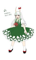 Rule 34 | 1girl, absurdres, black footwear, bow, closed mouth, collared dress, commentary request, derivative work, dress, ex-keine, footwear bow, full body, green dress, green hair, highres, horns, imperishable night, kamishirasawa keine, korean commentary, kuya (hey36253625), long hair, multicolored hair, neckerchief, puffy short sleeves, puffy sleeves, red bow, red eyes, red neckerchief, shirt, short sleeves, sidelocks, simple background, skirt, standing, touhou, translation request, two-tone hair, white background, white hair, white legwear, white shirt, white skirt