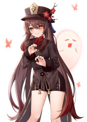 Rule 34 | 1girl, absurdres, boo tao (genshin impact), brown hair, genshin impact, ghost, hat, highres, hu tao (genshin impact), long sleeves, moonct, red eyes, shorts, simple background, smile, symbol-shaped pupils, top hat, twintails, white background