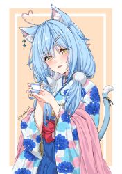 Rule 34 | 1girl, absurdres, ahoge, animal ear fluff, animal ears, blue hair, blue kimono, blue nails, blue skirt, blush, bow, cat ears, cat tail, commentary, cowboy shot, cup, earrings, floral print, furisode, fuusuke (fusuke208), hair between eyes, hair ornament, hairclip, hakama, hakama skirt, heart, heart ahoge, highres, holding, holding cup, hololive, japanese clothes, jewelry, kemonomimi mode, kimono, light blue hair, looking at viewer, medium hair, multicolored clothes, multicolored kimono, nail polish, obi, open mouth, pink background, pink kimono, pleated skirt, pointy ears, red bow, sash, simple background, skirt, smile, solo, tail, teacup, twintails, twitter username, virtual youtuber, white kimono, wide sleeves, yellow eyes, yukihana lamy, yukihana lamy (new year)