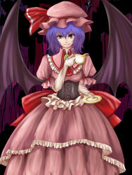 Rule 34 | 1girl, bat wings, blue hair, bow, cup, dress, female focus, gloves, hat, hat bow, highres, large bow, plate, red eyes, remilia scarlet, smile, solo, teacup, touhou, untue, wings