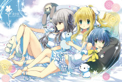 Rule 34 | 00s, 3girls, :o, air (visual novel), ankle ribbon, bare legs, bare shoulders, barefoot, bed sheet, blonde hair, blue eyes, blue hair, blush, bow, breasts, choker, cloud, copyright name, dog, doily, dress, expressionless, feet, flower, from side, full body, green eyes, grey hair, hair between eyes, hair ribbon, hand on own knee, hand to own mouth, high ponytail, holding, izumi rei, kamio misuzu, kirishima kano, knees up, lace, layered skirt, leg ribbon, light particles, light smile, long hair, looking at viewer, looking to the side, lying, midriff, multiple girls, on side, open mouth, pillow, ponytail, potato (air), puppy, reclining, red eyes, ribbon, short hair, short sleeves, sidelocks, skirt, sky, small breasts, smile, stuffed animal, stuffed toy, teddy bear, tongue, tongue out, toono minagi, very long hair, wrist ribbon