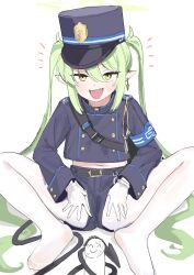 Rule 34 | 1girl, absurdres, armband, blue archive, blue armband, commentary request, demon tail, djheycha, doodle sensei (blue archive), earrings, flat chest, gloves, green hair, hat, nozomi (blue archive), highres, jacket, jewelry, long hair, looking at viewer, mesugaki, navel, open mouth, pantyhose, pantyhose under shorts, peaked cap, penis, pointy ears, sensei (blue archive), shorts, single earring, smile, smug, spread legs, tail, tailjob, twintails, white gloves, white pantyhose, yellow eyes