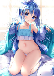 Rule 34 | 1girl, armpits, bare shoulders, bikini, blue eyes, blue hair, collarbone, commentary request, frills, futaba miwa, hair ornament, hair ribbon, jacket, long hair, long sleeves, looking at viewer, navel, off shoulder, open clothes, open jacket, original, parted lips, ribbon, sidelocks, sitting, skindentation, socks, solo, stomach, swimsuit, thighs, twintails, wariza, x hair ornament