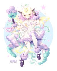 Rule 34 | 1girl, animal ears, artist name, bare shoulders, blush, closed mouth, commentary request, creatures (company), dress, eyelashes, closed eyes, full body, galarian form, galarian ponyta, game freak, gen 8 pokemon, gloves, highres, holding, horns, kishishiotani, looking at viewer, nintendo, personification, pokemon, purple hair, shoes, single horn, smile, solo, star (symbol), thighhighs, white thighhighs