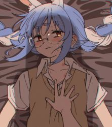 Rule 34 | 1girl, animal ear fluff, animal ears, bespectacled, bite mark, blouse, blue hair, blush, braid, ear blush, extra ears, eyes visible through hair, female pov, from above, glasses, hickey, highres, hololive, homura (hmr0222), hood, hoodie, implied yuri, looking at viewer, lying, multicolored hair, on back, open collar, pov, rabbit ears, red eyes, round eyewear, shadow, shirt, short sleeves, solo focus, streaked hair, twin braids, two-tone hair, usada pekora, vest, virtual youtuber, white hoodie, white shirt, wing collar