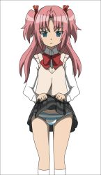 Rule 34 | 10s, 1boy, arikawa hime, blue eyes, blush, bulge, clothes lift, frown, highres, himegoto, long hair, looking at viewer, male focus, panties, penis in panties, pink hair, red hair, school uniform, shadow, simple background, skirt, skirt lift, solo, standing, striped clothes, striped panties, thighhighs, todo (masa3373), translation request, trap, twintails, underwear, white background