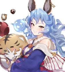Rule 34 | 1girl, animal ears, blue hair, blue kimono, blush, breasts, brooch, detached sleeves, earrings, erune, ferry (granblue fantasy), ghost, gloves, granblue fantasy, grin, highres, japanese clothes, jewelry, kimono, lips, looking at viewer, medium breasts, new year, nicola (granblue fantasy), obi, open mouth, saru (pixiv13751598), sash, simple background, single earring, sleeveless, sleeveless kimono, smile, solo, stuffed toy, teeth, upper body, wavy hair, white background, white gloves, yellow eyes