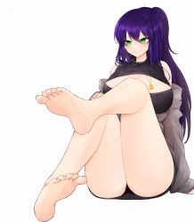 Rule 34 | 1girl, absurdres, bare legs, barefoot, blue hair, blush, breasts, coqua, dark blue hair, feet, foot focus, full body, green eyes, hand on own knee, highres, jewelry, large breasts, leg up, legs, long hair, necklace, original, panties, pantyshot, ponytail, purple hair, simple background, sitting, soles, solo, thighs, toes, underwear, white background