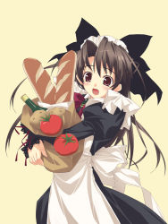 Rule 34 | 1girl, apron, bag, baguette, black dress, black hair, blush, bottle, bread, brooch, brown hair, dress, fang, food, groceries, hair ribbon, jewelry, juliet sleeves, long hair, long sleeves, maid, maid apron, maid headdress, murakami suigun, open mouth, paper bag, parted bangs, potato, puffy sleeves, purple eyes, red eyes, ribbon, simple background, solo, tomato, yellow background