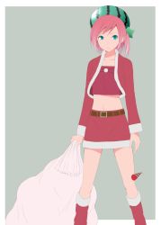 Rule 34 | 1girl, bad id, bad pixiv id, belt, blue eyes, character request, christmas, collarbone, hat, highres, holding, jacket, looking at viewer, melan collie, midriff, navel, nishiuri warito, pink hair, sack, short hair, side ponytail, simple background, skirt, solo, standing