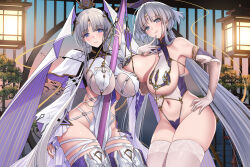 Rule 34 | 2girls, blue eyes, breasts, bridal gauntlets, closed mouth, echocalypse, elbow gloves, facial mark, finger to own chin, forehead mark, gloves, grey hair, hand on own hip, highres, large breasts, levia (echocalypse), light blush, long hair, looking at viewer, merlin (fate/prototype), multiple girls, skindentation, smile, standing, thai commentary, thighhighs, twintails, very long hair, xter