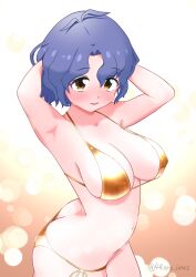 Rule 34 | antenna hair, arched back, arm behind head, armpits, ass, bare arms, bare legs, bare shoulders, bikini, blue hair, blush, breasts, brown eyes, cleavage, collarbone, covered erect nipples, cowboy shot, dot nose, eyelashes, forehead, gold bikini, highres, idolmaster, idolmaster million live!, idolmaster million live! theater days, large breasts, looking at viewer, navel, open mouth, parted bangs, presenting armpit, short hair, standing, swimsuit, toyokawa fuka, twitter username, wavy hair, yosson s