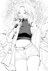 Rule 34 | 3girls, absurdres, character request, copyright request, cowboy shot, crop top, highres, holding, holding microphone, jacket, long hair, long sleeves, looking at viewer, microphone, midriff, monochrome, multiple girls, navel, off shoulder, one eye closed, open clothes, open jacket, pinepin, shirt, short shorts, shorts, single bare shoulder, sleeveless, sleeveless shirt, solo focus, standing, stomach, thighs