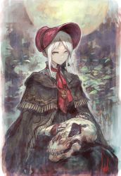 Rule 34 | 1girl, bloodborne, bonnet, cloak, doll joints, expressionless, from software, joints, lack, plain doll, skull, solo, swept bangs, white hair