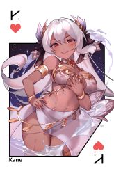 Rule 34 | 1girl, absurdres, artist name, bare shoulders, blush, bracelet, breasts, dancing archer tinia, dark skin, grin, guardian tales, hair ornament, heart, highres, jewelry, kane 5g, long hair, looking at viewer, medium breasts, navel, open mouth, red eyes, smile, water, wet, wet clothes, white hair