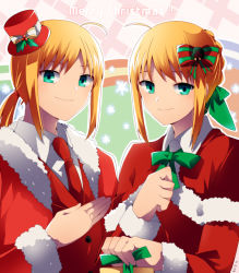 Rule 34 | 2girls, ahoge, alternate costume, artoria pendragon (all), artoria pendragon (fate), bad id, bad pixiv id, blonde hair, capelet, christmas, dual persona, fate/stay night, fate/zero, fate (series), formal, green eyes, hair ribbon, hat, long hair, mini hat, mini top hat, mmm ss, multiple girls, necktie, nero claudius (fate), nero claudius (fate) (all), nero claudius (fate/extra), ponytail, ribbon, saber (fate), suit, top hat
