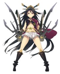 Rule 34 | 1girl, ;), artist request, asymmetrical sleeves, black hair, breasts, from below, full body, gloves, hair ornament, holding, holding weapon, long hair, medium breasts, midriff, mismatched sleeves, navel, official art, one eye closed, oshiro project:re, oshiro project:re, outstretched hand, pleated skirt, purple eyes, skirt, smile, solo, sunpu (oshiro project), transparent background, very long hair, weapon, white gloves, white skirt
