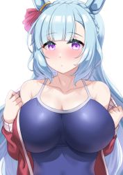 Rule 34 | 1girl, animal ears, armpit crease, bare shoulders, blue hair, blue one-piece swimsuit, blunt bangs, blush, bow, braid, breasts, cleavage, closed mouth, collarbone, commentary request, crown braid, ear ornament, ear ribbon, hands up, highres, horse ears, horse girl, impossible clothes, impossible swimsuit, jacket, kibihimi, large breasts, long hair, looking at viewer, mejiro ardan (umamusume), off shoulder, one-piece swimsuit, partial commentary, purple eyes, red jacket, school swimsuit, sidelocks, simple background, solo, standing, swimsuit, track jacket, umamusume, undressing, upper body, white background
