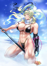 Rule 34 | 1girl, bare shoulders, blonde hair, breasts, cleavage, barghest (fate), fairy knight gawain (ice warrior) (fate), fate/grand order, fate (series), green eyes, heterochromia, highres, horns, large breasts, long hair, looking at viewer, otsukemono, red eyes, thighs