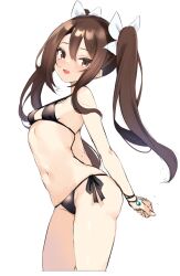 Rule 34 | 1girl, alternate costume, alternate hairstyle, arms behind back, bikini, breasts, brown eyes, brown hair, hair ribbon, highres, kantai collection, long hair, navel, ribbon, side-tie bikini bottom, simple background, small breasts, solo, standing, swimsuit, white background, zarashi, zuihou (kancolle)