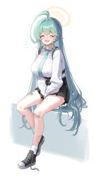 Rule 34 | 1girl, ^ ^, absurdres, ahoge, aqua hair, aqua necktie, bandaid, bandaid on leg, black footwear, black skirt, blue archive, breasts, chest harness, closed eyes, collared shirt, commentary request, facing viewer, flying sweatdrops, full body, halo, harness, highres, large breasts, long sleeves, lunia, miniskirt, necktie, open mouth, pleated skirt, puffy long sleeves, puffy sleeves, shirt, simple background, sitting, sitting on object, skirt, smile, socks, solo, thighs, untied footwear, white background, white shirt, white socks, yellow halo, yume (blue archive)