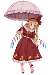 Rule 34 | 1girl, adapted costume, blonde hair, bow, collarbone, dress, eyelashes, flandre scarlet, hair bow, hairband, highres, himuhino, medium hair, no headwear, no headwear, one side up, parasol, pointy ears, puffy short sleeves, puffy sleeves, red bow, red dress, red eyes, red footwear, red hairband, shirt, short sleeves, simple background, solo, touhou, umbrella, white background, white shirt